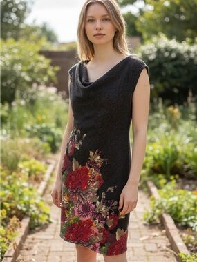 Sleeveless cowl neck sweater dress with a floral pattern